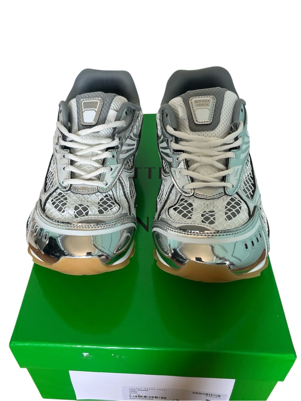 Bottega Veneta White & Silver Mesh Sneakers with Gum Outsole